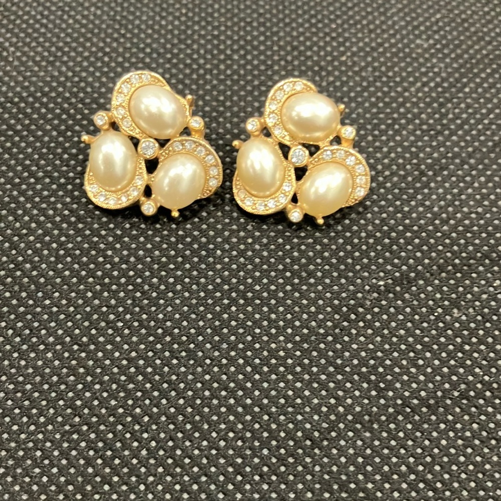 1928 faux, pearl faux, diamond gold toned pierced earrings- with  newer backs.